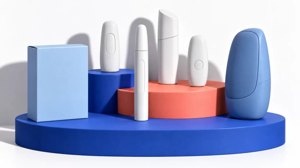 Abstract closed device sculptures and a blue carton on cobalt and coral steps.