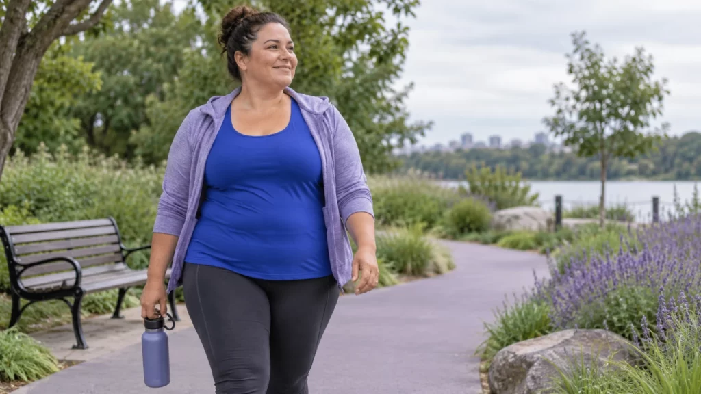 A fictional woman in blue activewear walks along a park path carrying a water bottle.
