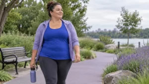A fictional woman in blue activewear walks along a park path carrying a water bottle.