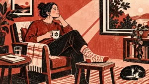 Print-style illustration of a seated adult resting a foot on a stool near a notebook and water.