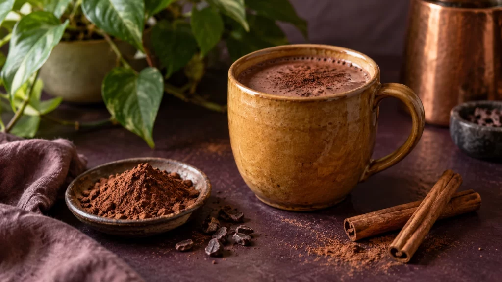 An ochre ceramic mug with a cacao-colored drink beside cocoa powder and cinnamon sticks.