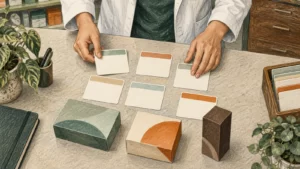 Colored-pencil illustration of hands organizing blank medication cards and unbranded closed packages.