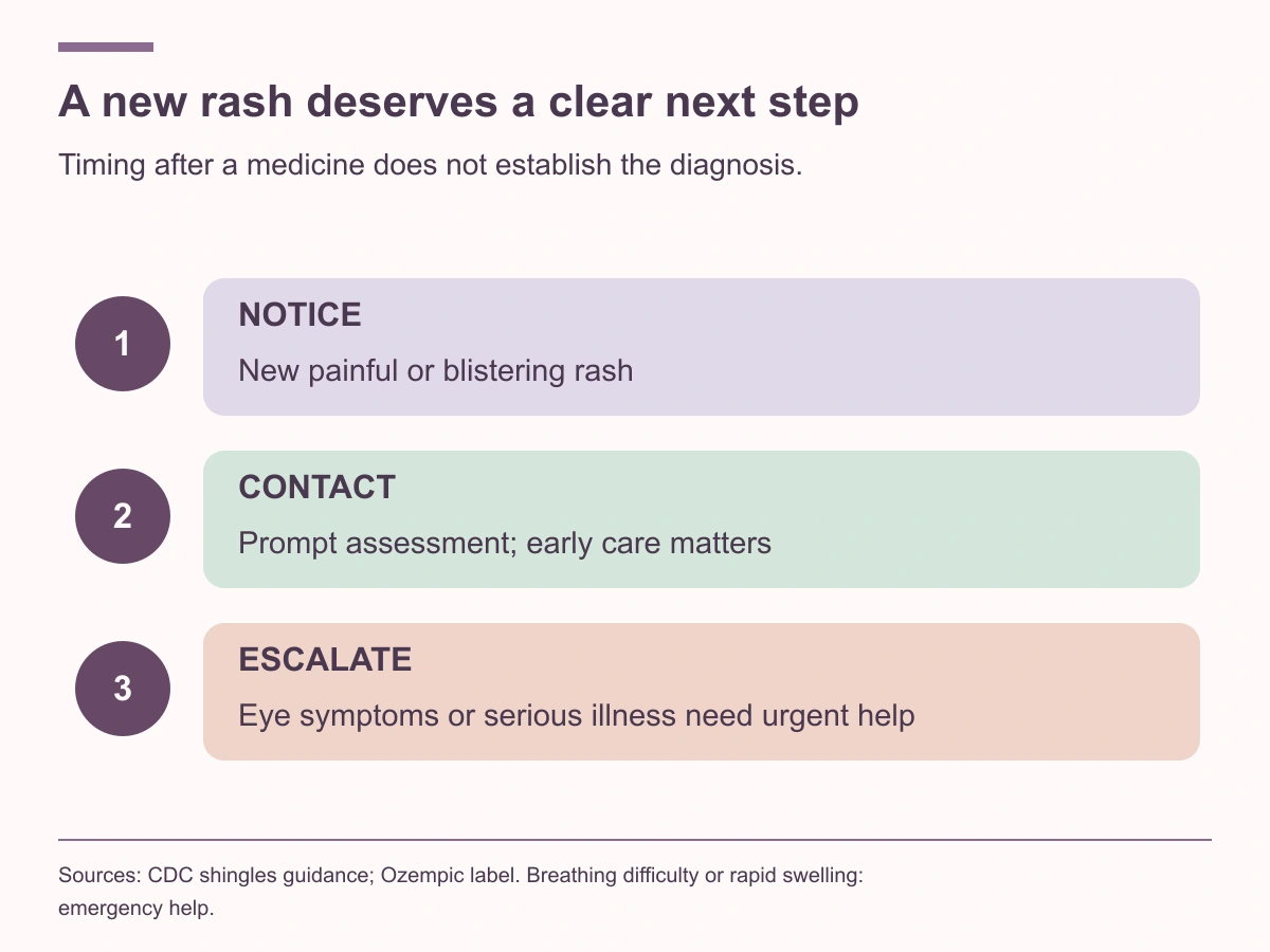 Notice a new painful or blistering rash, seek prompt assessment and obtain urgent help for eye symptoms or serious illness.
