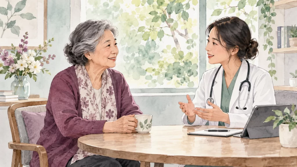 Watercolor of a fictional older woman speaking with a clinician at a table.
