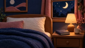 Textured miniature bedroom with a pillow, blanket, bedside lamp and closed sleep journal.