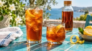 Two glasses of iced amber tea on a turquoise table with a plain bottle and lemon nearby.