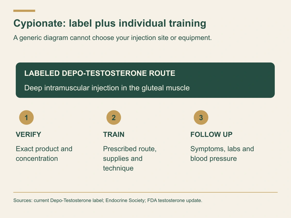 Verify the cypionate product, obtain training matching the prescribed route and continue symptom, laboratory and blood-pressure monitoring.