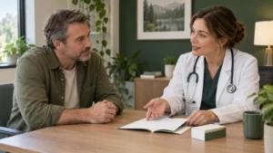A fictional man and clinician review a blank instruction booklet during a consultation.
