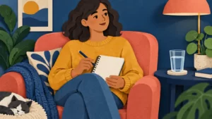 Paper-cut illustration of an adult writing in a blank notebook while seated near a glass of water.