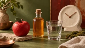 Textured apple, plain bottle of amber vinegar, water glass and a sculptural clock on a moss-green surface.