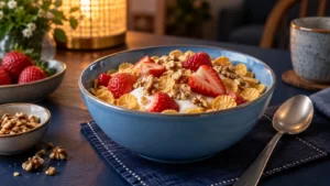 Cornflakes with yogurt, strawberries and walnuts in a blue bowl beside an evening lamp.