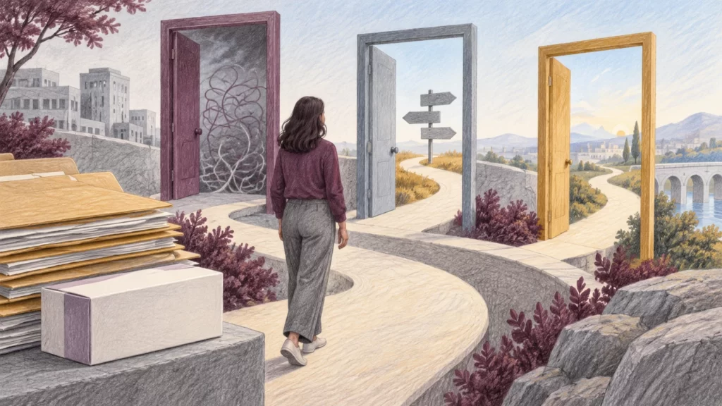 Pencil-style illustration of a person approaching three doorways beside blank folders and a plain box.