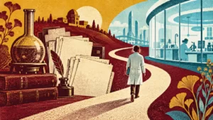 Retro-style research illustration showing archival papers, a flask and a path toward a modern laboratory.