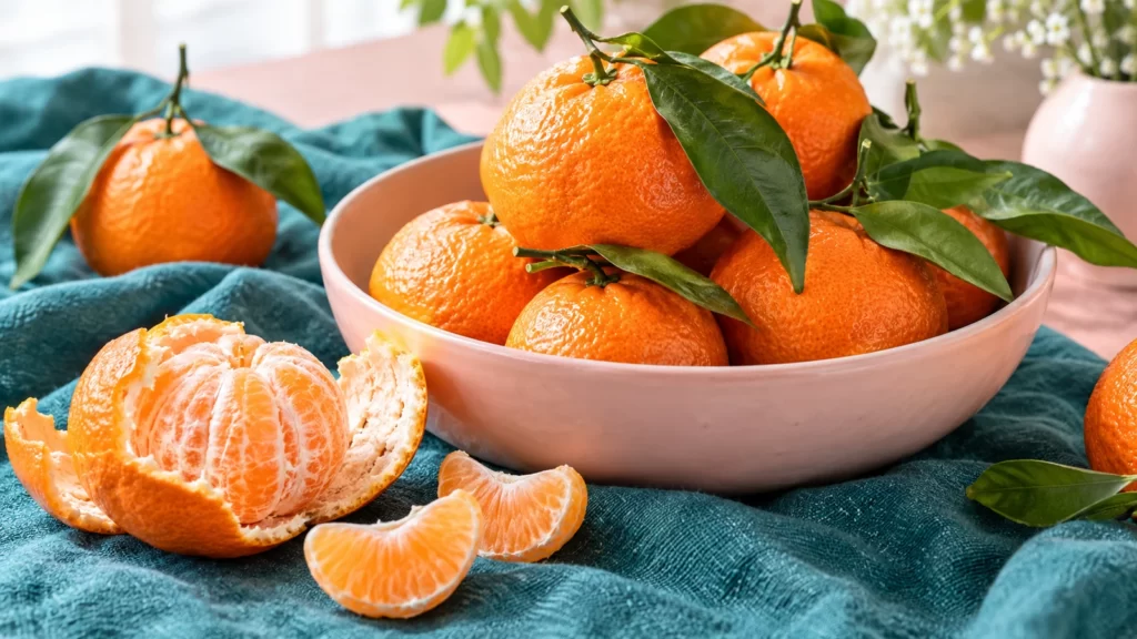 Fresh mandarins, green leaves and peeled segments beside a pink bowl on teal linen.
