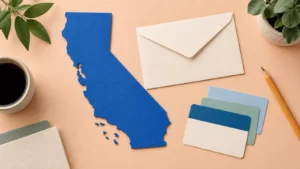 Blue paper outline of California beside a plain envelope and blank cards on a peach desk.