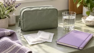Closed sage supply pouch, sealed gauze packets, water and a lavender notebook on a counter.