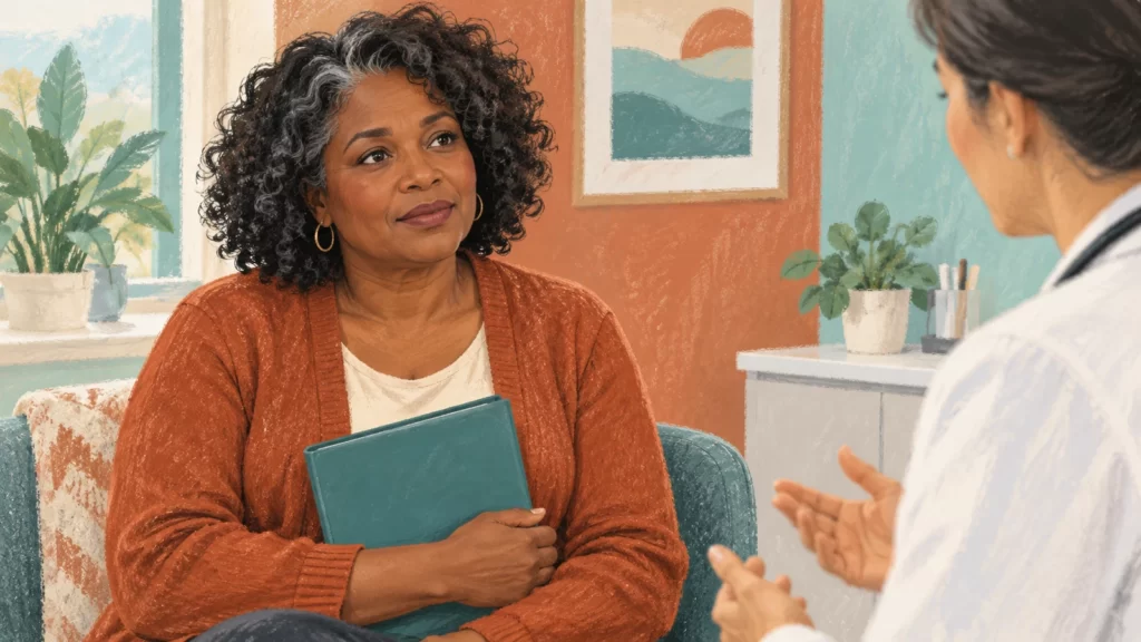 Pastel-style illustration of a fictional woman in a rust cardigan discussing a folder with a clinician.