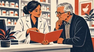 Block-print illustration of a pharmacist and an older man reviewing a blank medication folder.