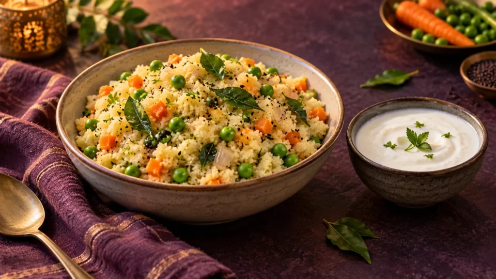 Vegetable upma with peas, carrots and curry leaves beside plain yogurt on a purple tabletop.