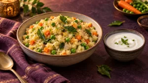 Vegetable upma with peas, carrots and curry leaves beside plain yogurt on a purple tabletop.