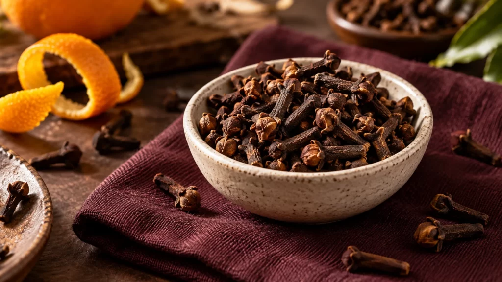 Whole cloves in a cream bowl beside orange peel and burgundy fabric.