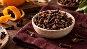 Whole cloves in a cream bowl beside orange peel and burgundy fabric.