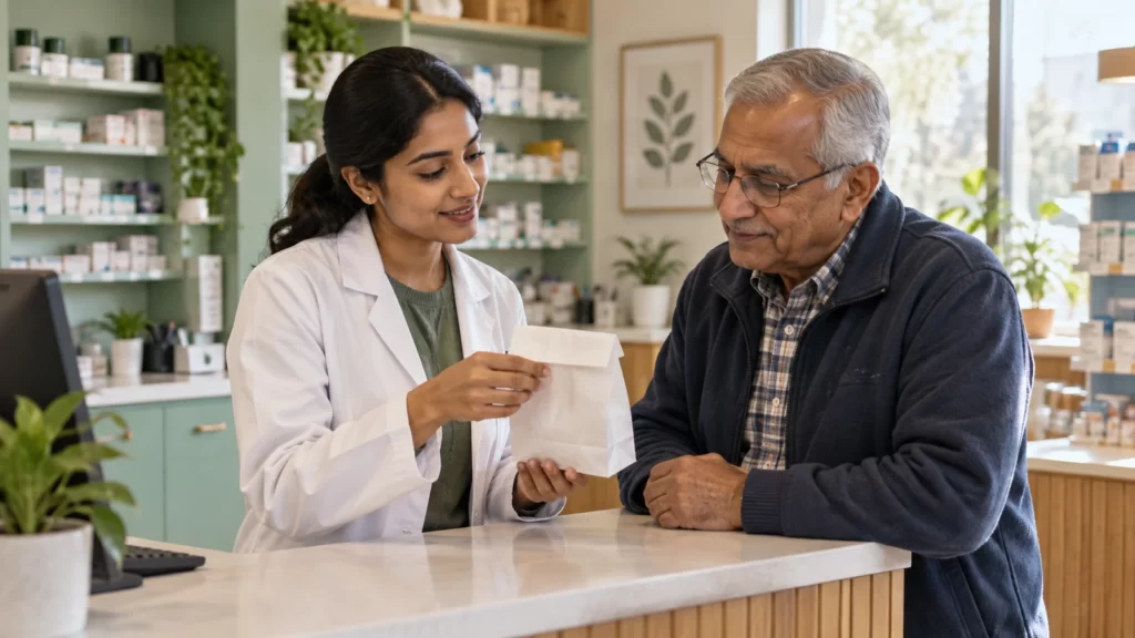 Fictional pharmacist and older adult discussing medicine labels in a mint-colored pharmacy.
