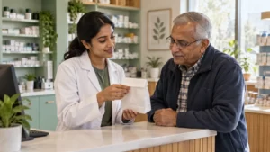 Fictional pharmacist and older adult discussing medicine labels in a mint-colored pharmacy.