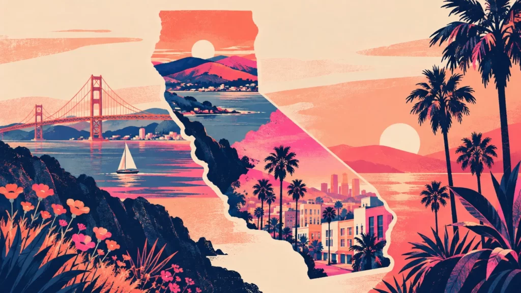 Coral and navy California illustration with coastal architecture and palm shapes.