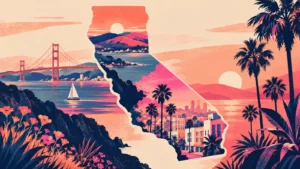 Coral and navy California illustration with coastal architecture and palm shapes.