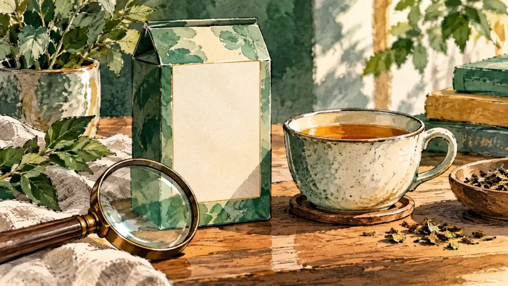 Ink-wash illustration of an unbranded tea carton, cup, and magnifying glass in green and ochre.