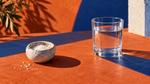 Separate salt cellar and clear water glass in a rust-and-blue still life.