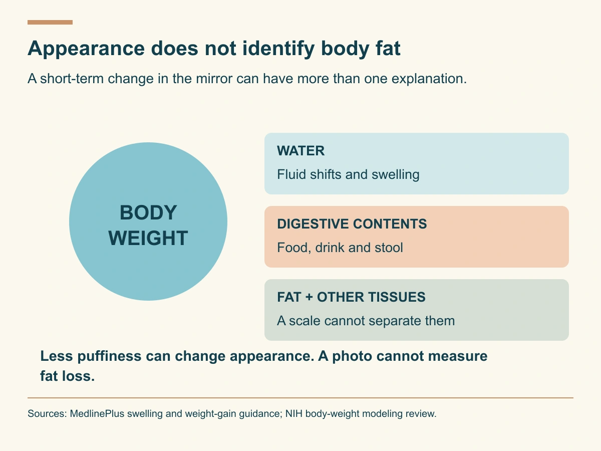 Body weight includes water, digestive contents, fat and other tissues. Less puffiness may change appearance, but a photograph cannot measure fat loss.
