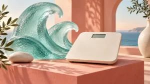 Conceptual aqua water forms beside a blank coral bathroom scale.