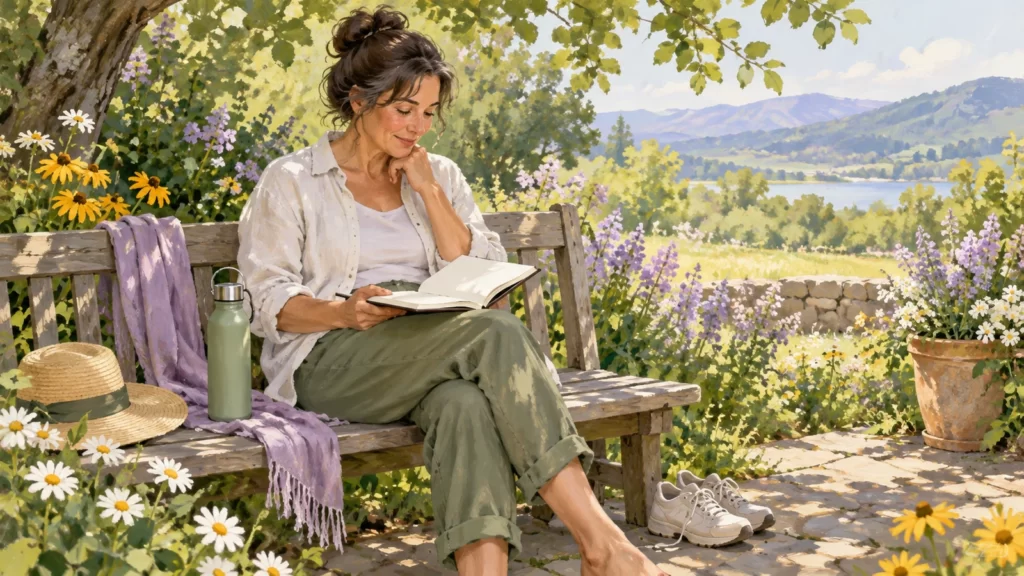 Gouache-style illustration of a fictional woman writing in a journal on a garden bench.