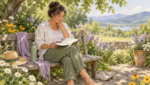 Gouache-style illustration of a fictional woman writing in a journal on a garden bench.