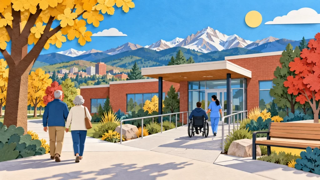 Cut-paper illustration of a fictional Colorado healthcare setting with blue foothills and yellow sunlight.