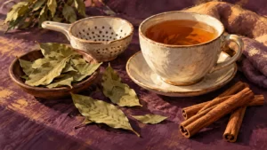 Painted still life of whole bay leaves, cinnamon sticks and a tea cup in purple and ochre.