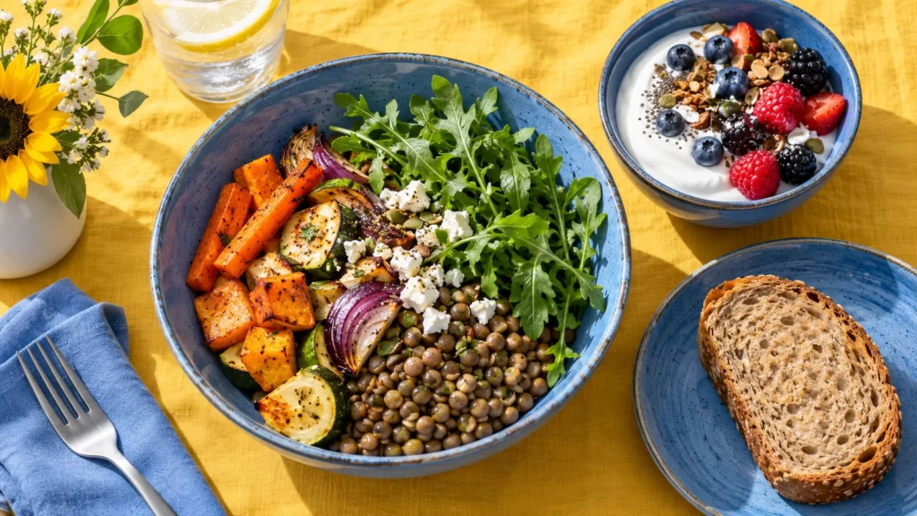 Overhead meal still life with a blue bowl, colorful foods and yellow linen.