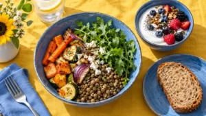 Overhead meal still life with a blue bowl, colorful foods and yellow linen.