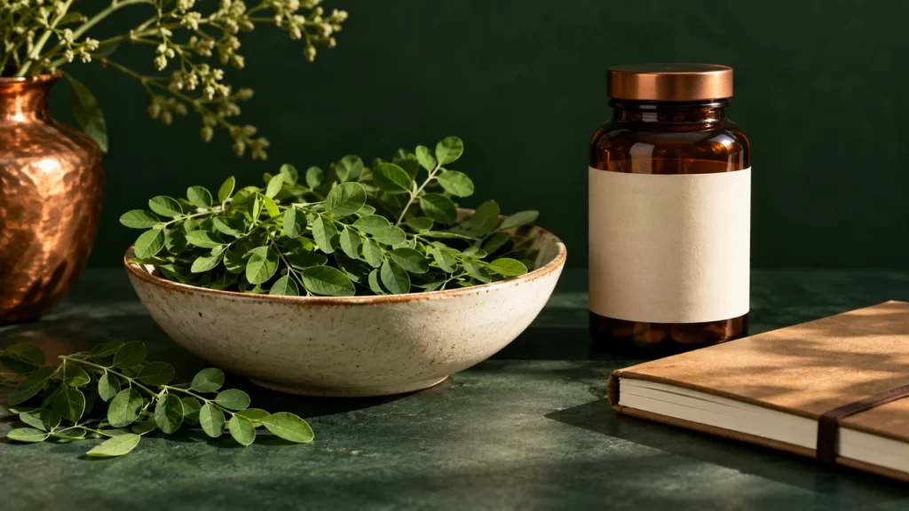 Small green leaflets in a dish beside an unbranded amber bottle on a dark green and copper surface.