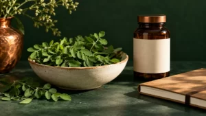 Small green leaflets in a dish beside an unbranded amber bottle on a dark green and copper surface.