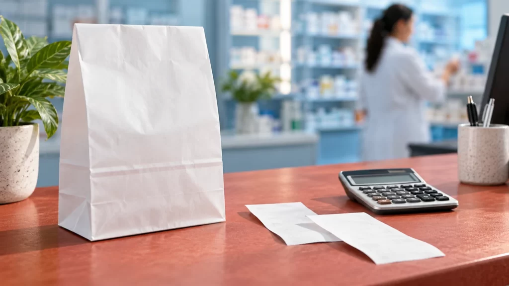 Unbranded white pharmacy bag, calculator and blank receipts on a terracotta and blue surface.