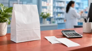 Unbranded white pharmacy bag, calculator and blank receipts on a terracotta and blue surface.