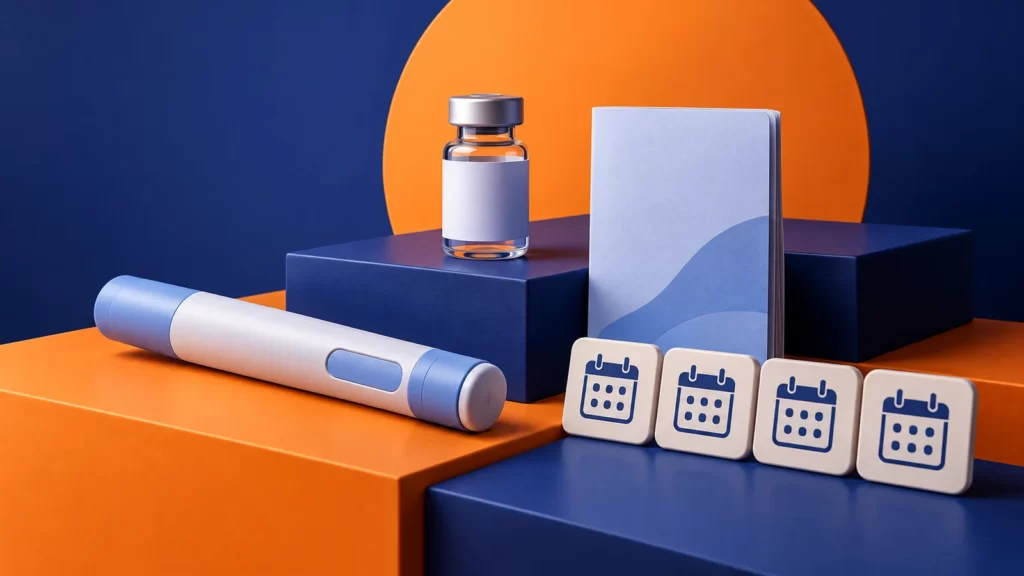 Abstract intact pen and sealed vial beside four calendar tiles on orange and indigo blocks.