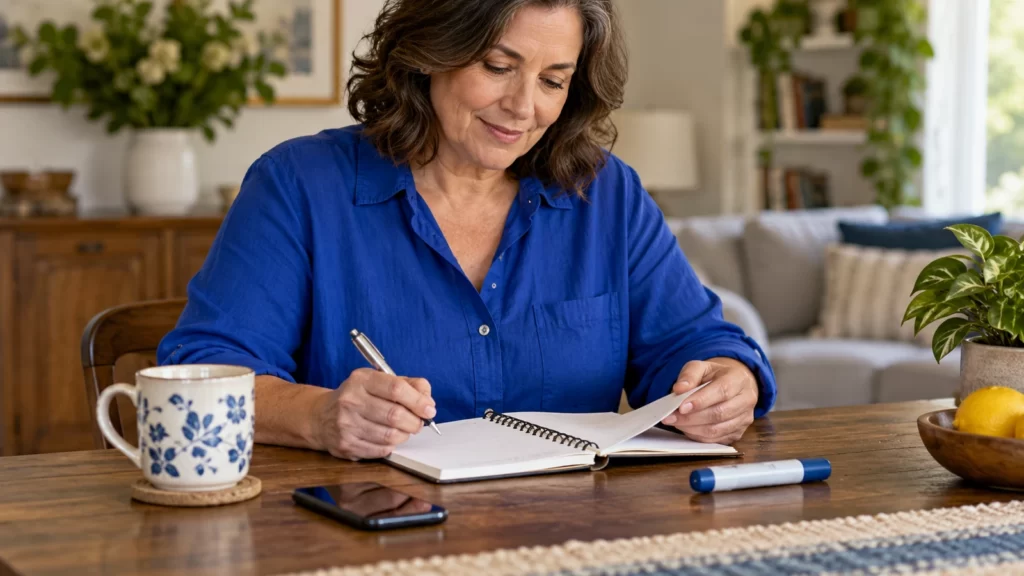 Fictional woman in a blue blouse reviewing a notebook beside an unbranded pen-shaped object.