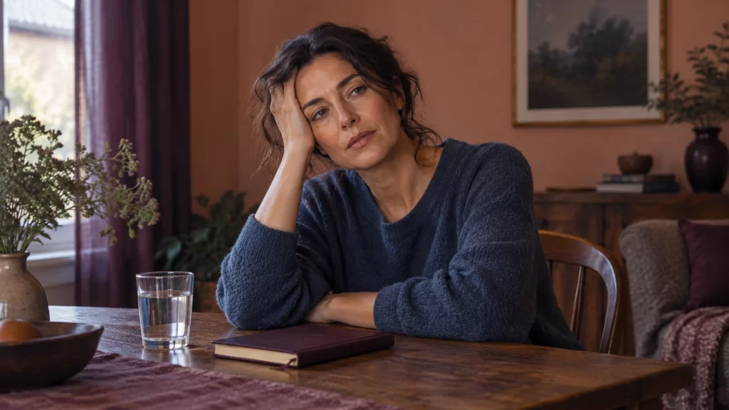 Fictional woman resting with a hand at her temple in a dim peach-and-slate room.