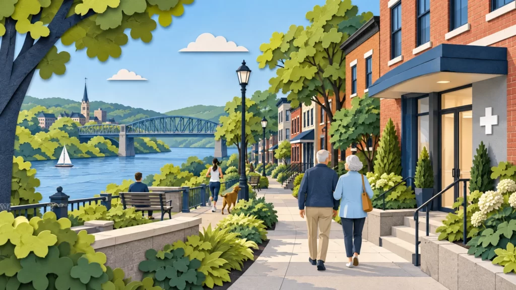 Blue and chartreuse paper-cut illustration of a fictional New Jersey town, bridge and care entrance.