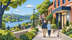 Blue and chartreuse paper-cut illustration of a fictional New Jersey town, bridge and care entrance.
