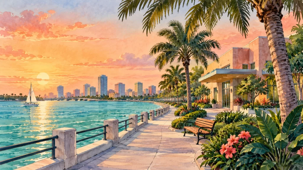 Watercolor illustration of a fictional bayfront promenade with coral buildings and teal water.